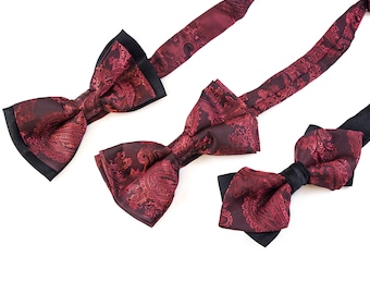 Mens Burgundy Red Black Diamond Shape  Paisley Bow Tie Pre Tied Cufflinks Hanky Neckwear 3 styles CR004