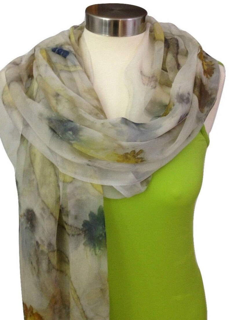 Silk Chiffon Scarf Light Gray Scarf Art Scarf Eco Print Etsy