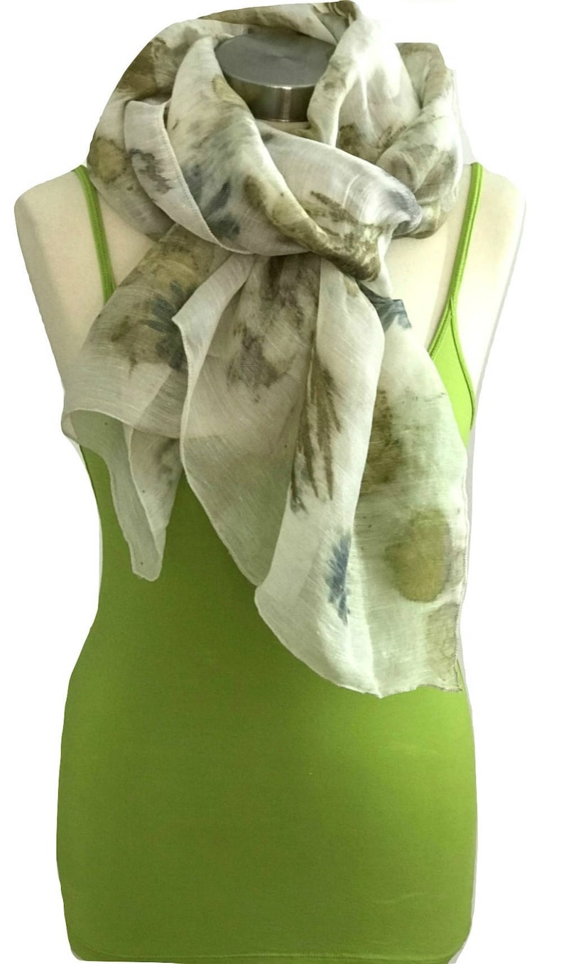 Eco Print Scarf Linen Silk Scarf White Scarf Leaves Print Etsy