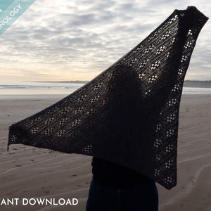 May include: A gray crochet shawl with a lacy pattern, held up against a cloudy sky with a beach in the background. The text "INSTANT DOWNLOAD" is at the bottom of the image.