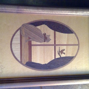 Vintage Hudson River marquetry wood inlay artwork of cat watching bird from 1989