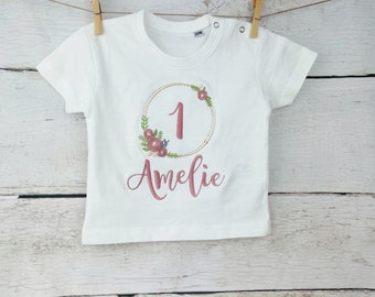 Geburtstagsshirt für Mädchen Geburtstag Zahlenshirt T-Shirt Langarmshirt viele Farben personalisiert 1 - 12 Jahre altrosa edel Blumen