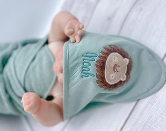 Kapuzenbadetuch Baby Löwe personalisiert Mädchen Junge 4 Farben sehr weich und extra groß 100x100 cm Kapuzenhandtuch