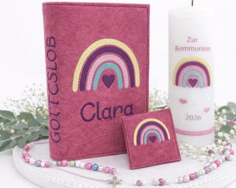 Regenbogen Gotteslobhülle Gebetbuch Hülle Geschenk Kommunion Firmung Geschenkidee personalisiert mit Namen und Datum