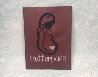 Mutterpass Hülle Silhouette schwanger aus Kunstleder edel schlicht bestickt personalisiert mit Name möglich Geschenk Schwangerschaft Geburt