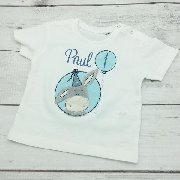 Geburtstagsshirt Babyshirt bestickt mit Name Geschenk zum Geburtstag Shirt Esel Motiv für Babys Geschenkidee für Mädchen und Jungen