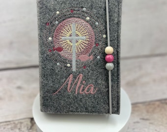 Gotteslobhülle Kreuz Gebetbuch Hülle Geschenk Kommunion Firmung Geschenkidee Gott Kirche religiös personalisiert Stickfarbe altrosa