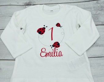 Geburtstagsshirt für Babys Mädchen Geschenk zum Geburtstag Zahlenshirt T-Shirt Marienkäfer viele Farben personalisiert 1 - 12 Jahre