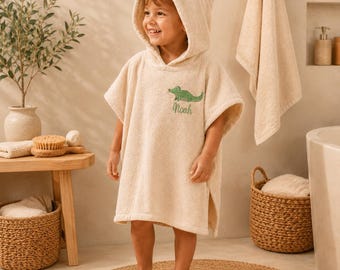 Personalisierter Badeponcho Kinder mit Name & Motiv | Bestickter Kinderponcho mit Kapuze | Badehandtuch Poncho Baby | Geschenk Geburtstag