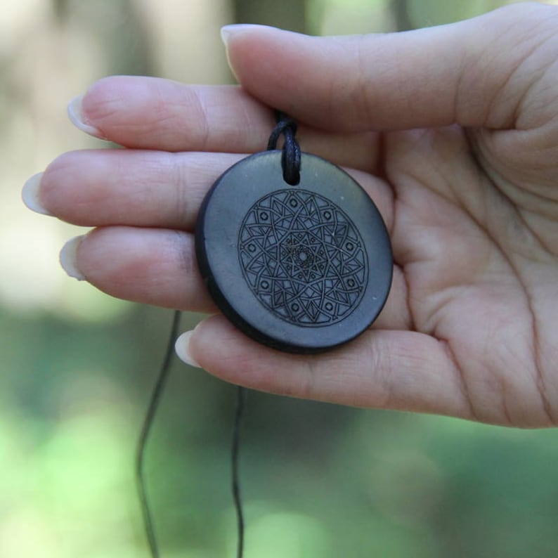 Circle Shungite Pendant with Engraving Different Styles Schungit for EMF Protection Energy Root Chakra Pendant Karelian Heritage