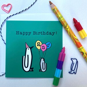 Happy Birthday, 2nd Birthday card, Second Birthday card, Penguin Card, Baby Birthday, Birthday Balloons