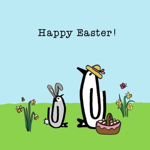 Frohe Ostern! Osterpinguin, Hase, Eier, Narzissen