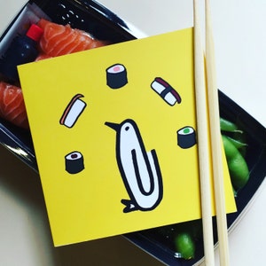 Sushi, pingouin, baguettes, carte de voeux, Japon, poisson