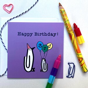 Joyeux anniversaire, carte de 3e anniversaire, carte de troisième anniversaire, carte de pingouin, anniversaire de bébé, ballons d'anniversaire