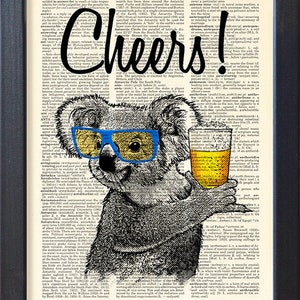 Koala print, beer poster, cheers! book page, home dorm bar wall decor, funny gift