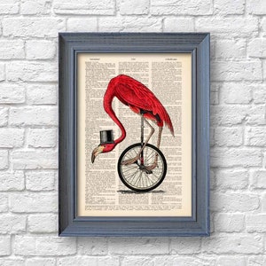 Flamingo Print, Animals on Bicycle Poster, Bicycling One Wheel Art ...