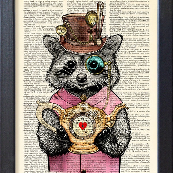 Impression raton laveur, affiche d'animaux steampunk en chapeau haut de forme et lunettes, décoration murale de cuisine de page de livre