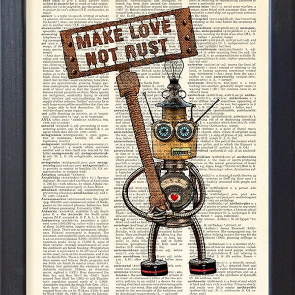 Robot print, steampunk make love poster, inspirational art, old book funny gift, dorm decor