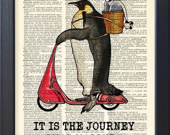 Penguin riding kick scooter print, journey poster, travel funny art, old book page, home dorm decor