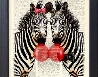 Zebras bubblegum print, funny anniversary gift poster, mr and mrs, book page, home wall decor