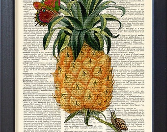 Pineapple poster, exotic fruit print, vegetarian artwork, vegan book page home kitchen wall decor