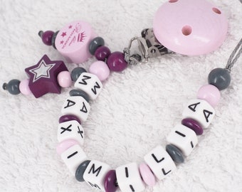 Mädchen Sterne Baby Geschenk lila rosa Schnullerkette mit Namen 