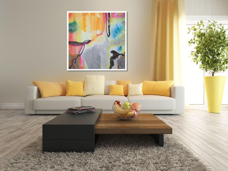 Impression Dart Mur Gris Orange Art Abstrait Peinture Sur Etsy