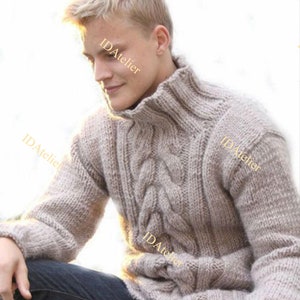 Hand Knitted Wool Sweater, Handmade Jumper, Soft Wool Cable Knit Sweater, Beige Turtleneck Jersey, Chunky Pullover