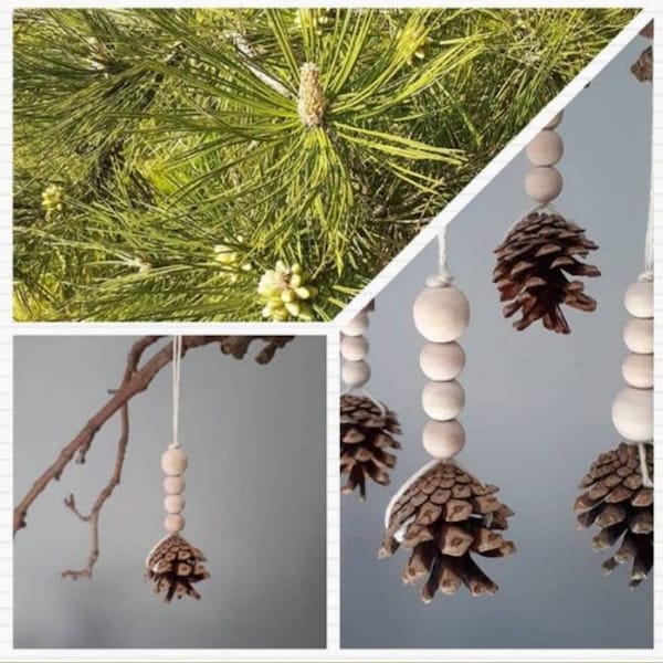 Natural wooden bead and pine cone decoration, scandi hanging natural decor, woodland, eco friendly, hygge, rustic decor, nordic decor,