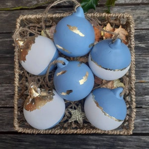 SET OF 3 Christmas baubles • blue and gold • Christmas tree decorations • hand painted baubles • gilded foil Christmas ornament