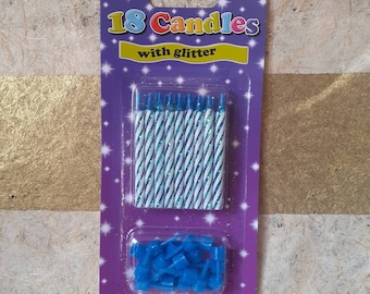 18 bougies d’anniversaire bleues et blanches • topper à gâteau • fête d’anniversaire pour filles • décoration de gâteaux • bougies bleues • décor d’anniversaire pour garçons