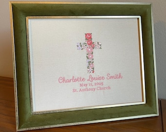 Custom Embroidered Floral Cross: Ready to Frame 8x10 Baptism Keepsake Gift