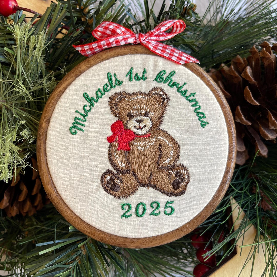 Personalized Baby's First Christmas Ornament: Embroidered Teddy