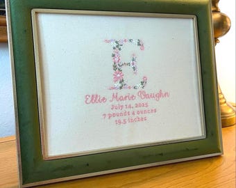 Custom Embroidered Floral Letter Birth Announcement: Ready to Frame 8x10 Nursery Keepsake