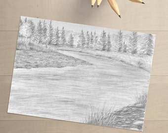 River Drawing - River Art - River Artwork - Landscape Art - Original Drawing - River Decor - River Drawing - River - Landscape Wall Art