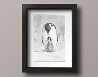 Penguin Print - Penguin Art - Penguin Drawing Print - Penguin Lover - Penguin Gift - Penguin Wall Art - Penguin Decor - Penguin and Baby