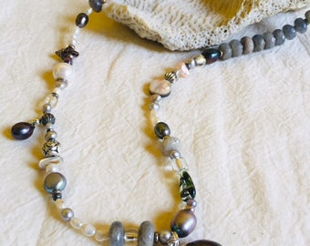 LUCKY LABRADORITE and PEARL Boho Bead Necklace