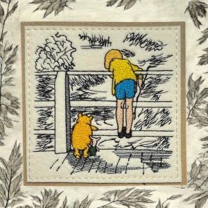 Superbe carte de voeux faite main avec ourson brodé de style vintage jouant à des bâtons.   Idéal à encadrer et à conserver pour toujours.