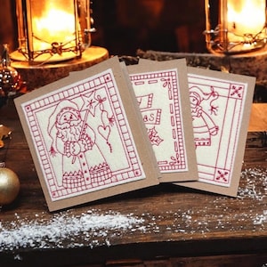 Cartões de Natal bordados estilo loja de campo - Bonecos de neve e Papai Noel - Cartão Kraft primitivo de fazenda - 5” x 5” - Pacote com 3. (Nº 2)