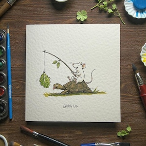 Whimsical Mouse Tortoise Card, Original Artwork Greeting, Bimble Cottage Art