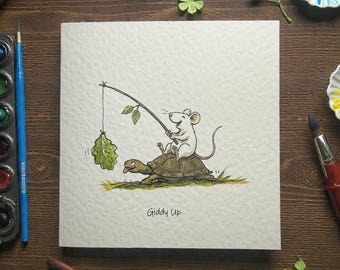 Whimsical Mouse Tortoise Card, Original Artwork Greeting, Bimble Cottage Art