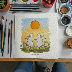 Hand made Whimsical Rabbit Greetings Card. Bimble print of original art work, "You and me", two little mice into the sunset. Handmade