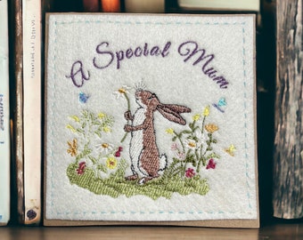 Handmade Mothers Day Card. Embroidery, Bunny “Delivering a gift for Mum x”