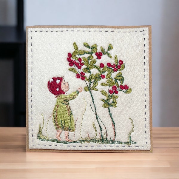 Handmade Greetings Card with Embroidered Gnome picking berries for tea. Perfect to frame and keep forever. Not just a card.