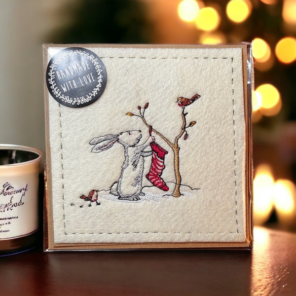 Handmade Christmas Greeting Card. Embroidery, Bunny “High hopes for Christmas”