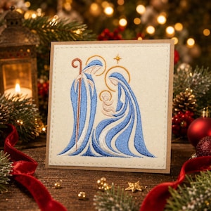 Broderat julkort med julmotiv. Julens sanna innebörd fångad i vackert broderi och djärva sidentrådar.