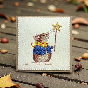 Handmade Embroidered  Card: Mortimer Mouse with Wish Wand sending special wishes