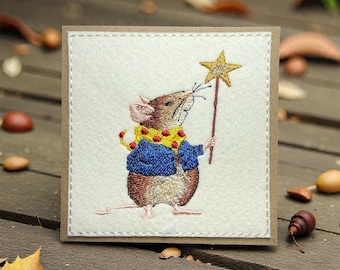 Cartão bordado à mão: Mortimer Mouse com varinha mágica enviando desejos especiais.