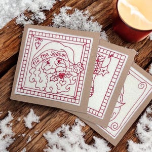 Tarjetas navideñas bordadas estilo rústico - Muñecos de nieve y Papá Noel - Tarjeta Kraft rústica - 12,7 x 12,7 cm - Paquete de 3 (N.° 3)