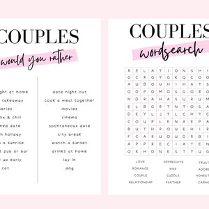 May include: Two printable game sheets for couples. The left sheet is titled COUPLES would you rather with a list of choices. The right sheet is titled COUPLES wordsearch with a grid of letters and a list of words to find at the bottom.